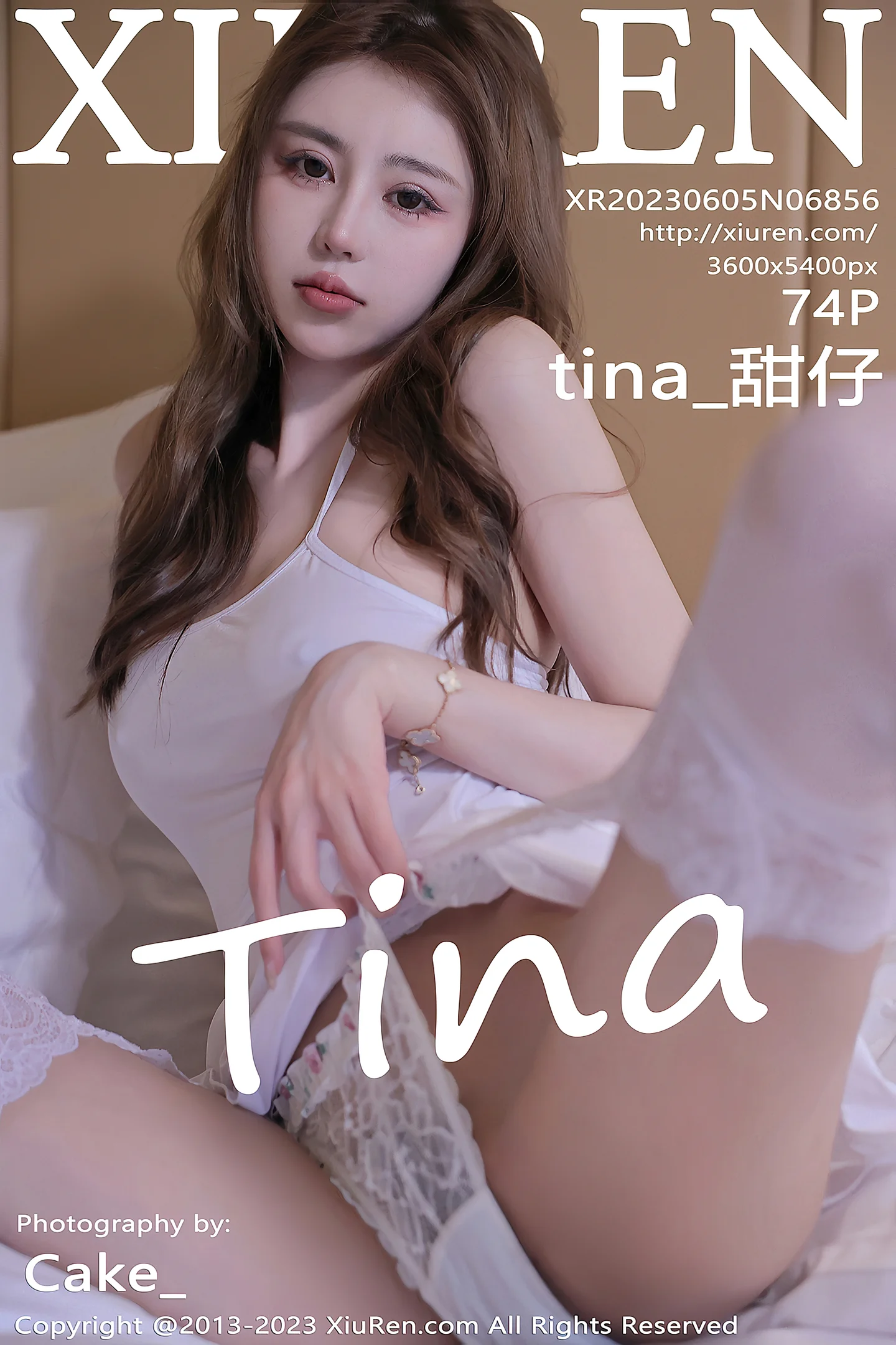 [XiuRen秀人网]2023.06.05 VOL.6856 tina_甜仔 白色紧身透视吊带连衣裙加白色丝袜美腿性感私房写真集-秀人网官方网站